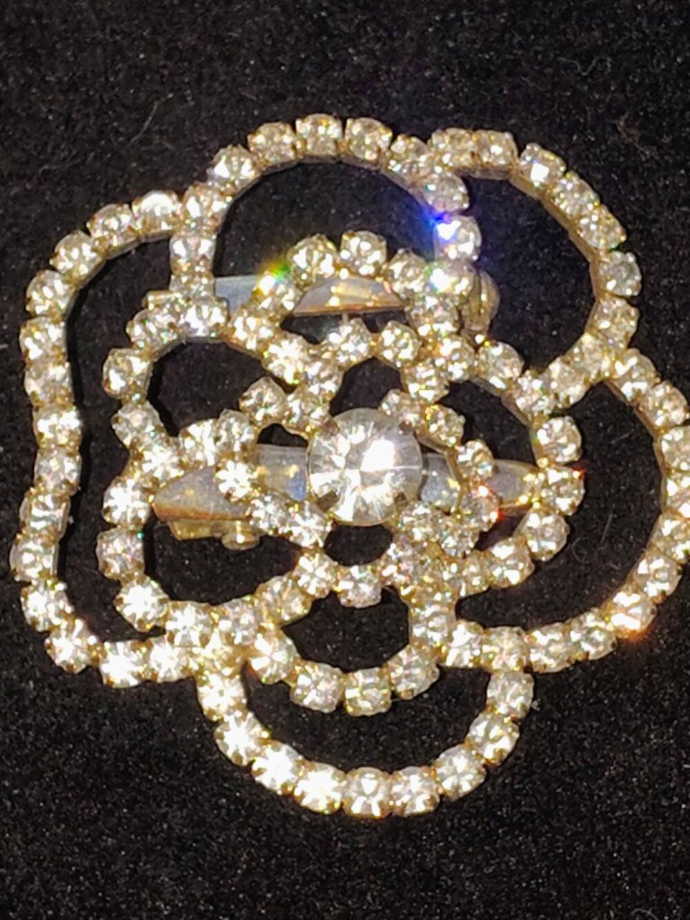 Vintage RMN Rhinestone Rose Brooch – Openwork Camellia, Dual Hair Clip & Pin